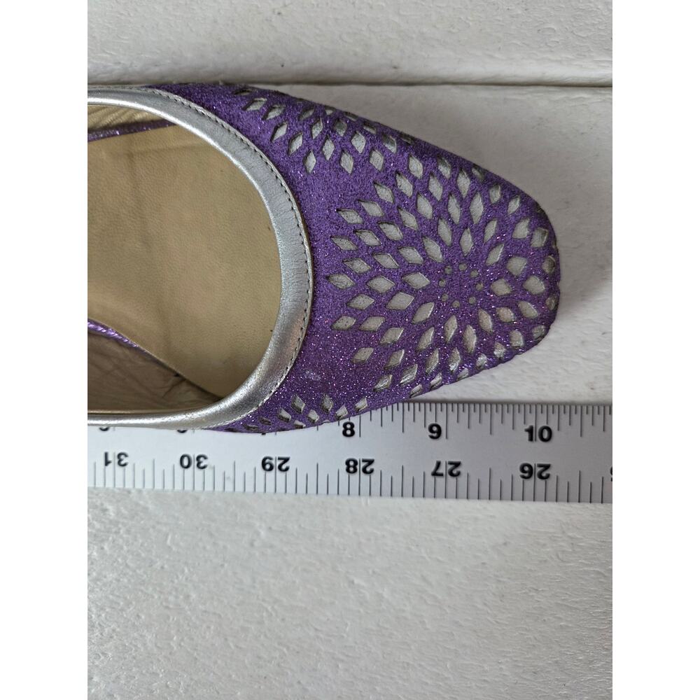 Jimmy Choo Slip On Backless Flats Silver Sparkle Designer 37 1/2 Floral Metalic - Picture 10 of 13